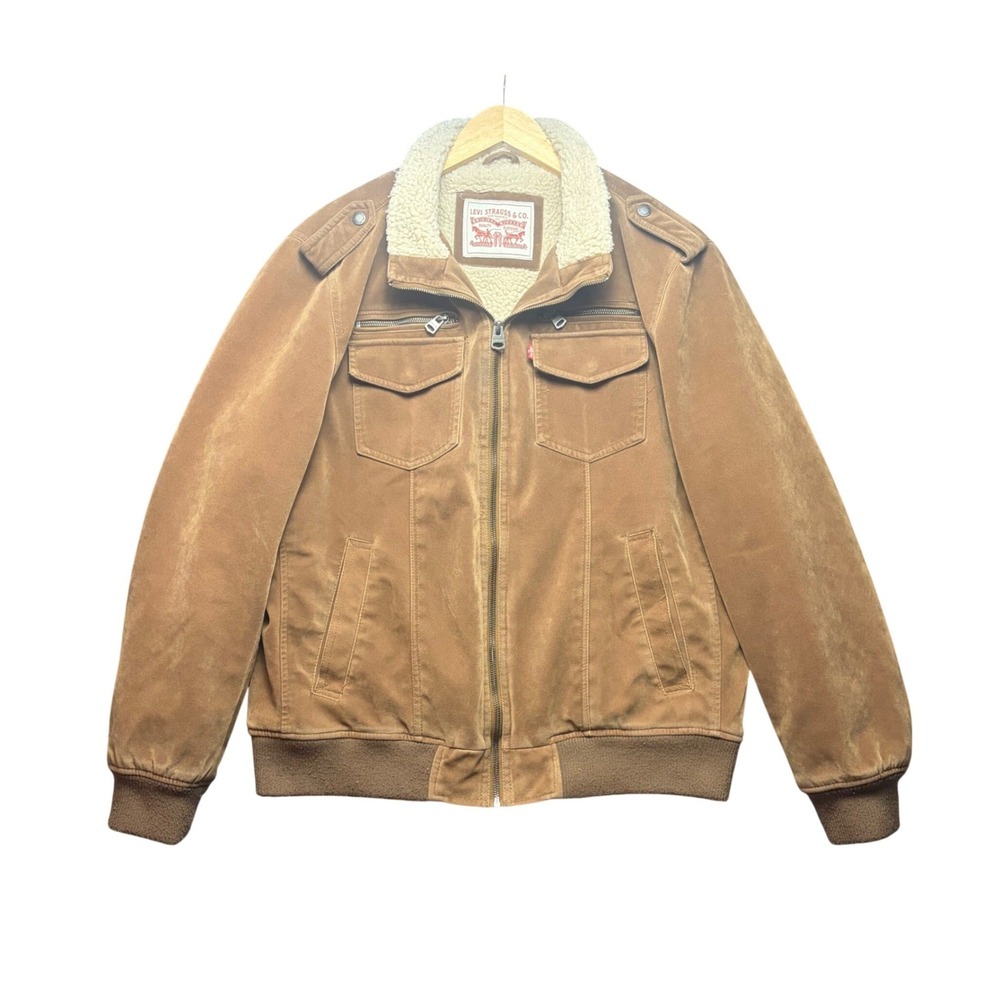 Levi's Bomber Jacket Mens Large Brown Faux Suede‎ Sherpa Lined Full Zip Epaulets